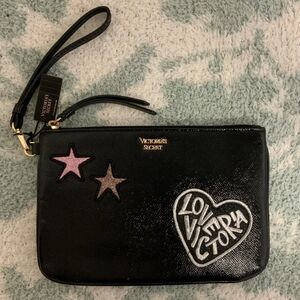 NWT Victoria's Secret "Love Victoria" Black Wristlet W/ Heart &!Star Details